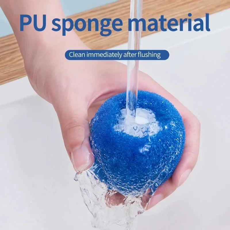 Hand rinsing a round, blue porous PU sponge under a running tap. Text overlays read "PU sponge material".