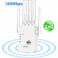 White plug-in WiFi signal booster with four external antennas and LED indicator lights on a plain background.