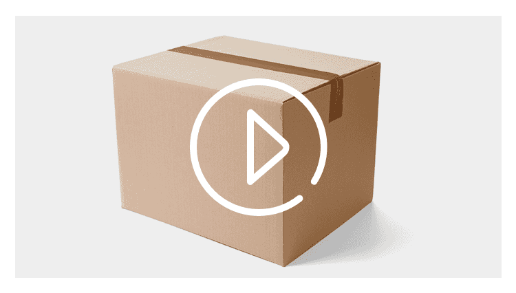 Video player icon overlaid on a brown cardboard delivery box.