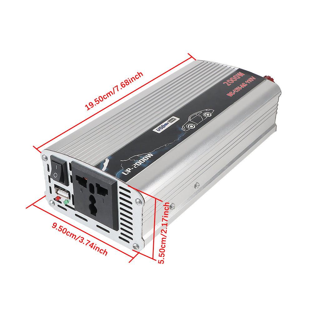 Silver 2000W car power inverter with dimensions, AC socket, USB port, and power switch on a ribbed metal casing.