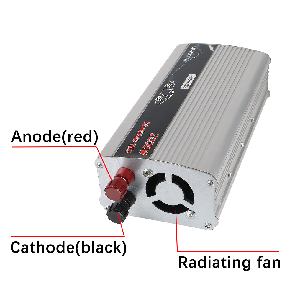 Silver 2000W car power inverter with red/black input terminals, cooling fan, and USB port on a ribbed metal chassis.