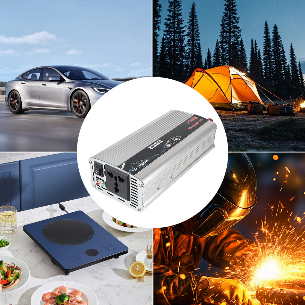 Silver 2000W portable car power inverter with AC output and USB ports, shown with car, camping, and cooking scenes.