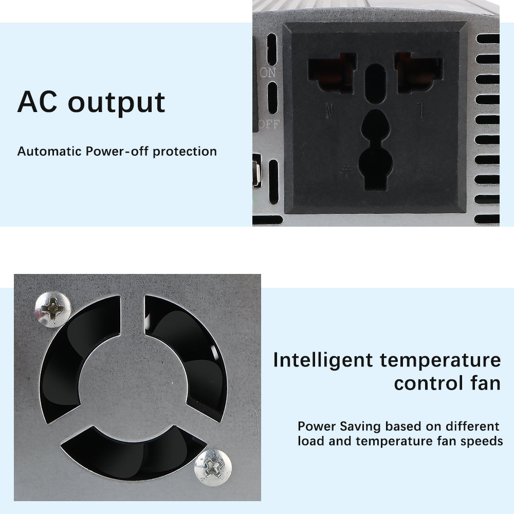 Silver car power inverter showing the AC output socket, on/off switch, and intelligent temperature control cooling fan.