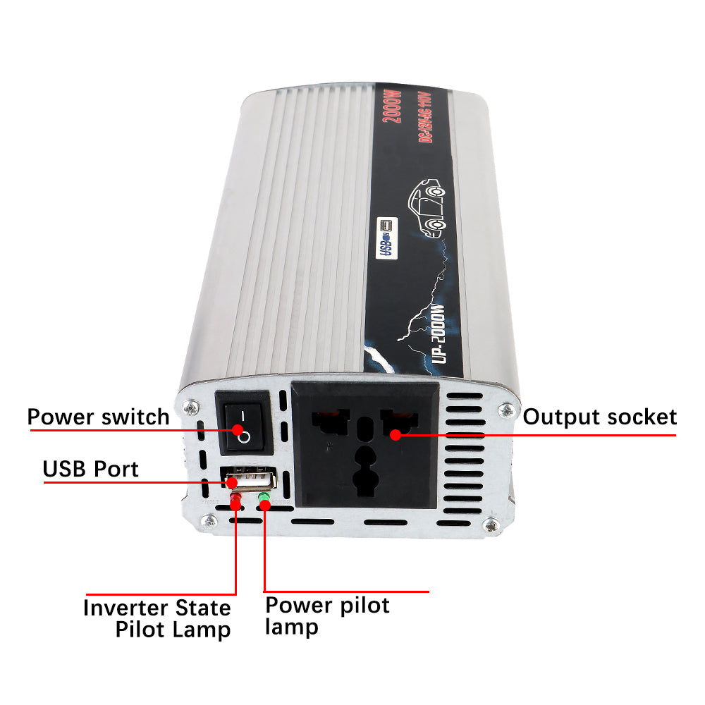 Silver 2000W car power inverter featuring an AC output socket, USB port, power switch, and indicator lights.