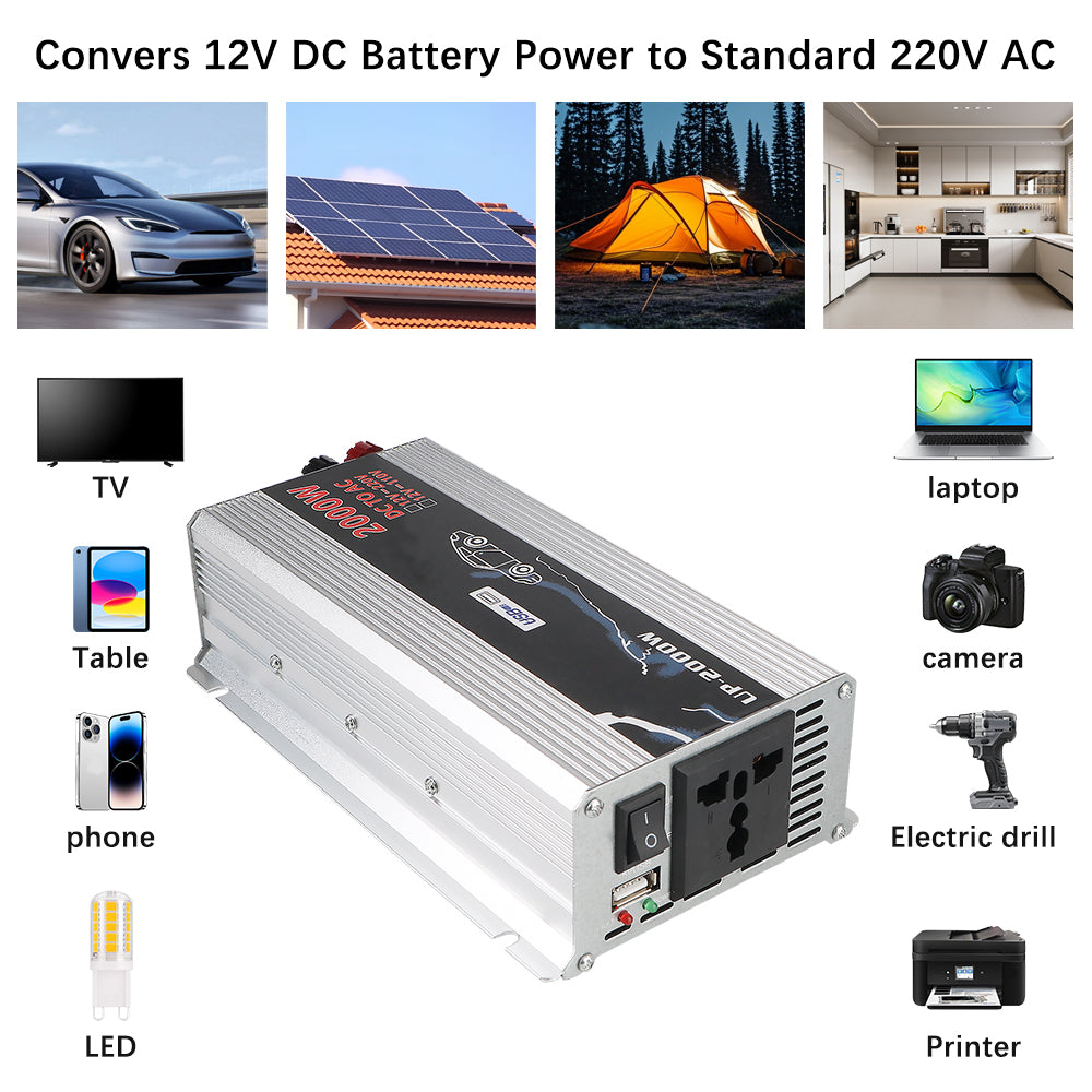 Silver 2000W car power inverter with a black control panel, AC outlet, USB port, and power switch.